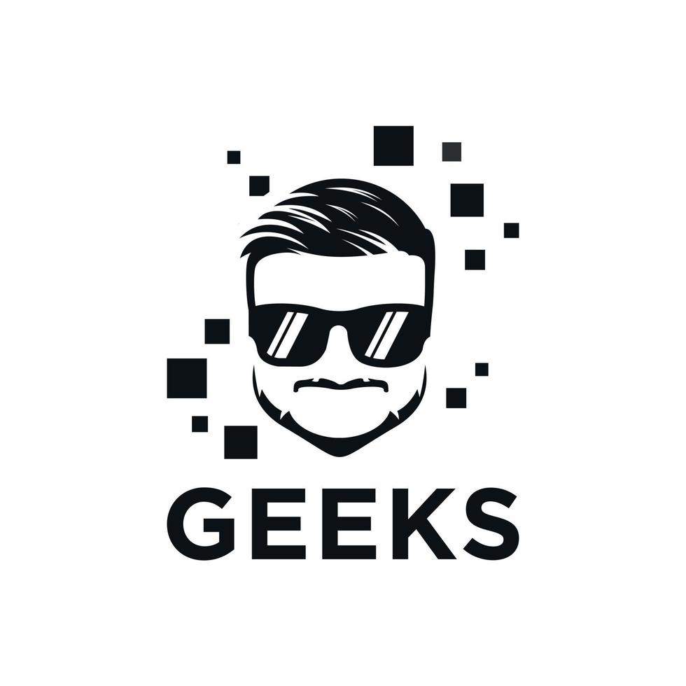 faccia hipster circondata da pixel, logo della moda, uomo moderno che indossa occhiali da sole. simbolo nero su sfondo bianco vettore