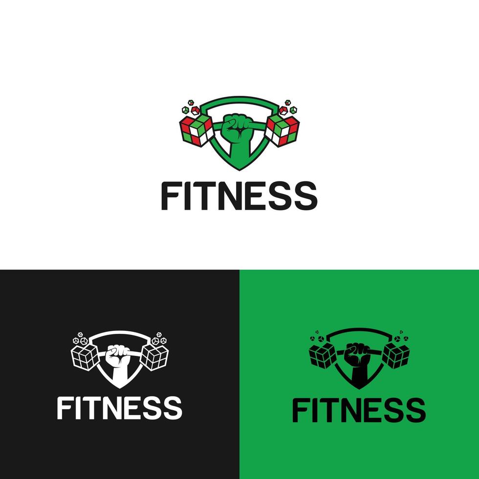 logo della mano verde che solleva il bilanciere di Rubik, lo scudo interno, il design per la salute e il fitness vettore