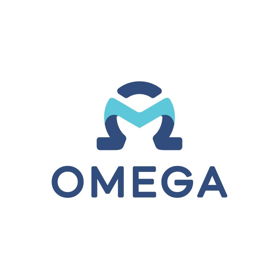 design omega con una combinazione della lettera m al centro, blu scuro e acqua vettore