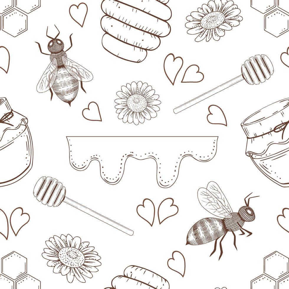 modello senza cuciture da elementi disegnati a mano. miele, api, fiori. vettore