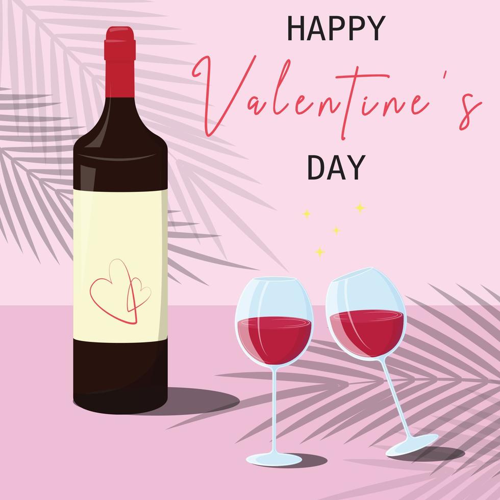 bottiglia di vino e bicchieri su sfondo rosa tropicale. felice illustrazione di San Valentino. vettore
