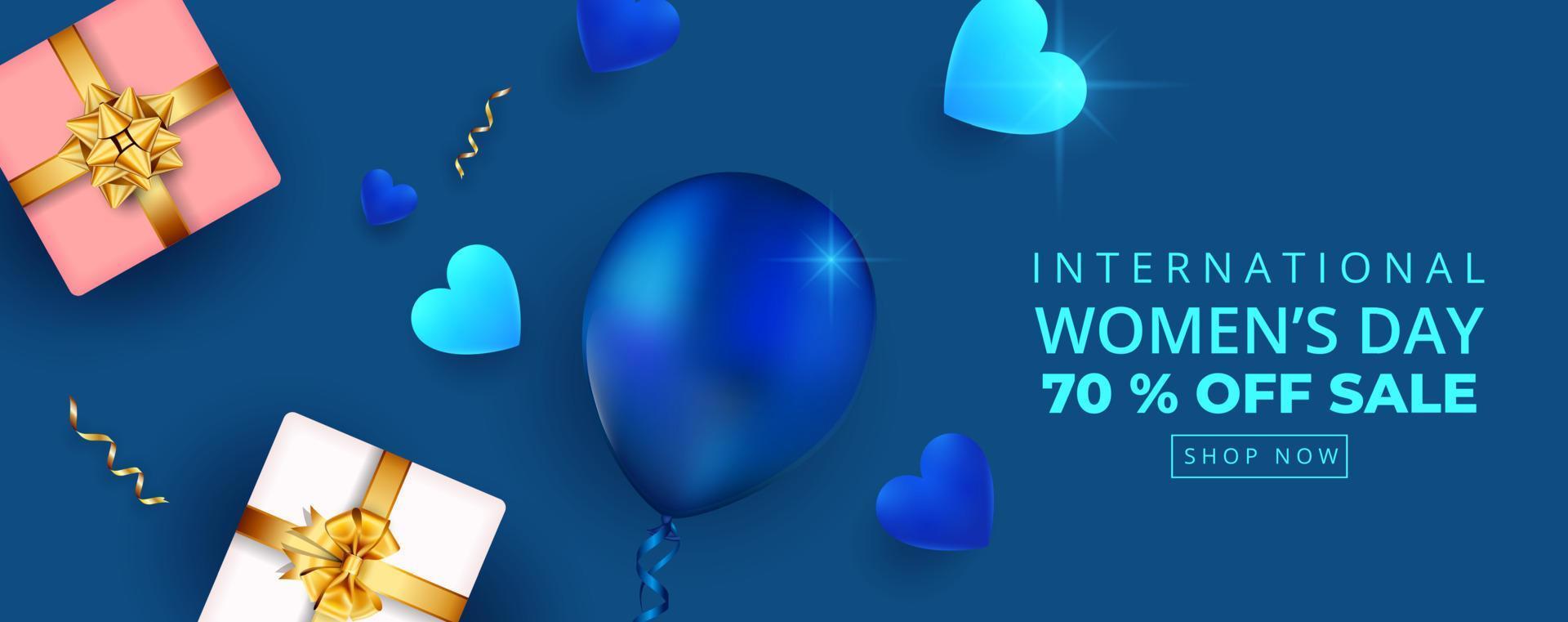 8 marzo banner di vendita per la festa della donna felice. bella tendenza classico sfondo di colore blu con scatole regalo, cuori, palloncino vettore