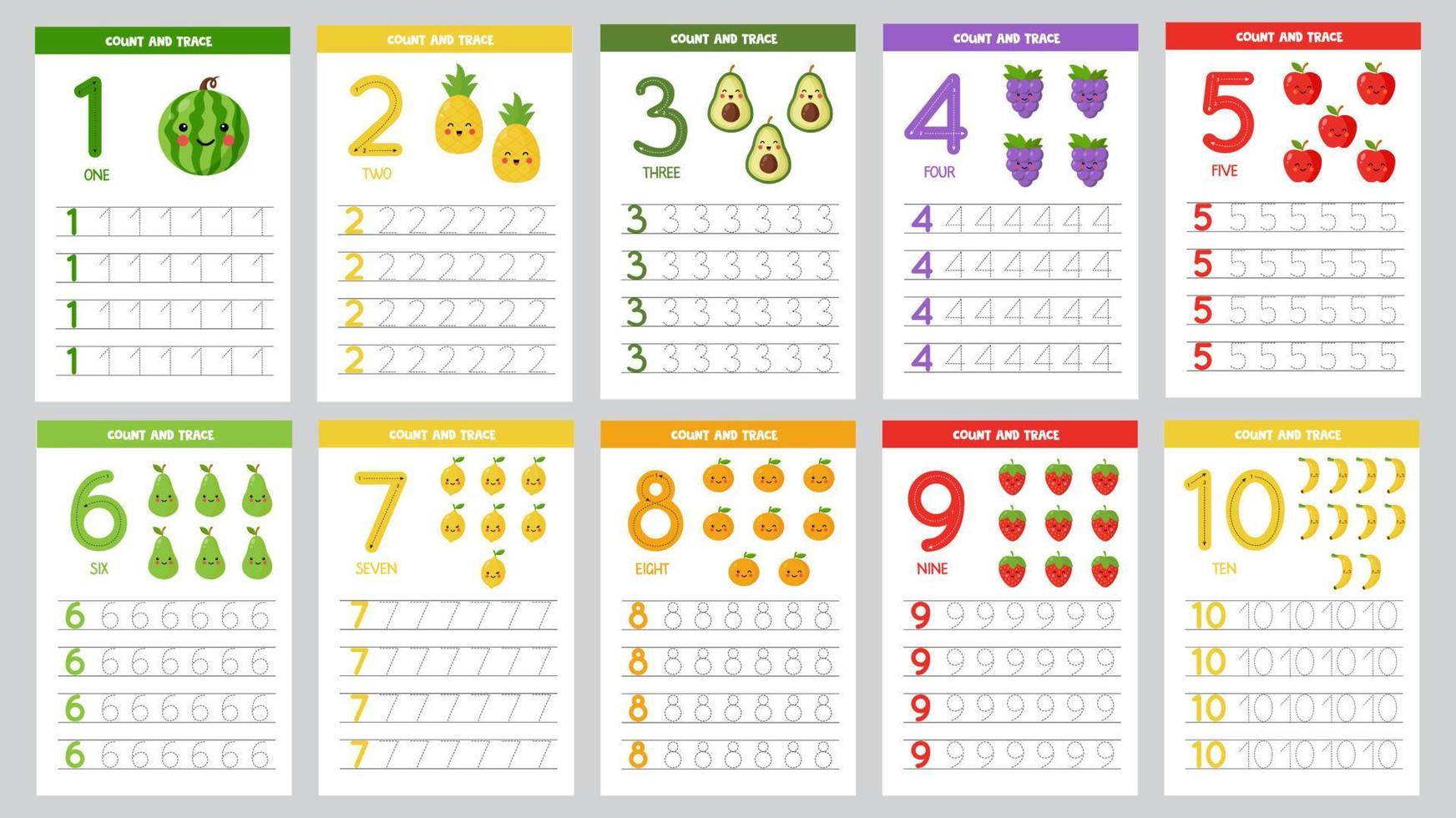 raccolta di flashcard per l'apprendimento dei numeri per i bambini. frutti carini. vettore