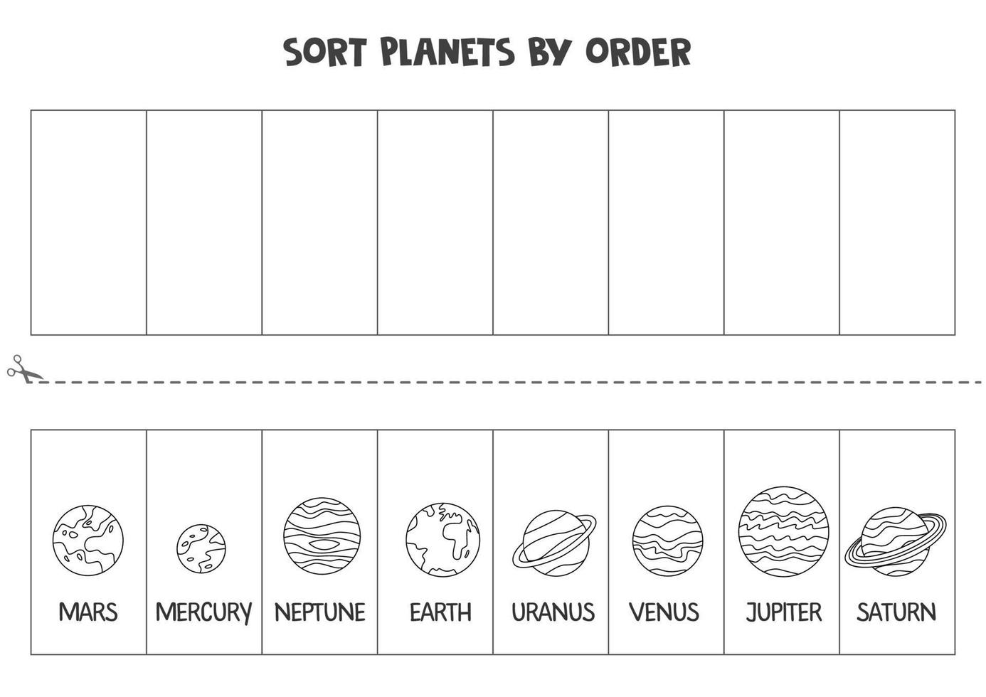 ordina i pianeti del sistema solare in base all'ordine. foglio di lavoro spaziale per bambini. vettore