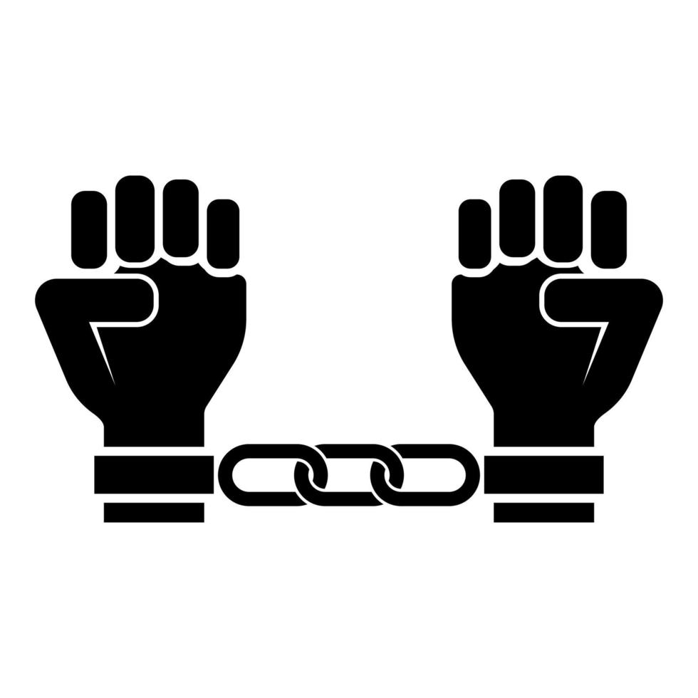 mani ammanettate braccia umane incatenate concetto di prigioniero manette sull'uomo idea di detenzione catene confinare catene sulla persona icona colore nero illustrazione vettoriale immagine in stile piatto