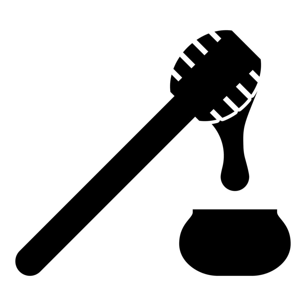 il miele gocciola dal cucchiaio di miele nel bastone della pentola con l'icona del nettare liquido in legno e vaso colore nero illustrazione vettoriale immagine in stile piatto