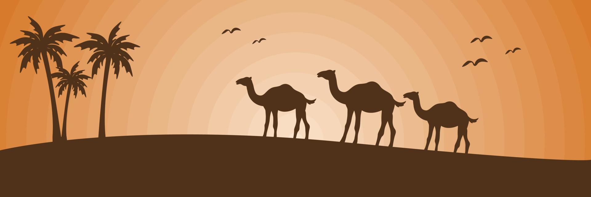 cammello che cammina sul deserto, stile silhouette, bella luce solare, palma, vettore di sfondo banner web islamico