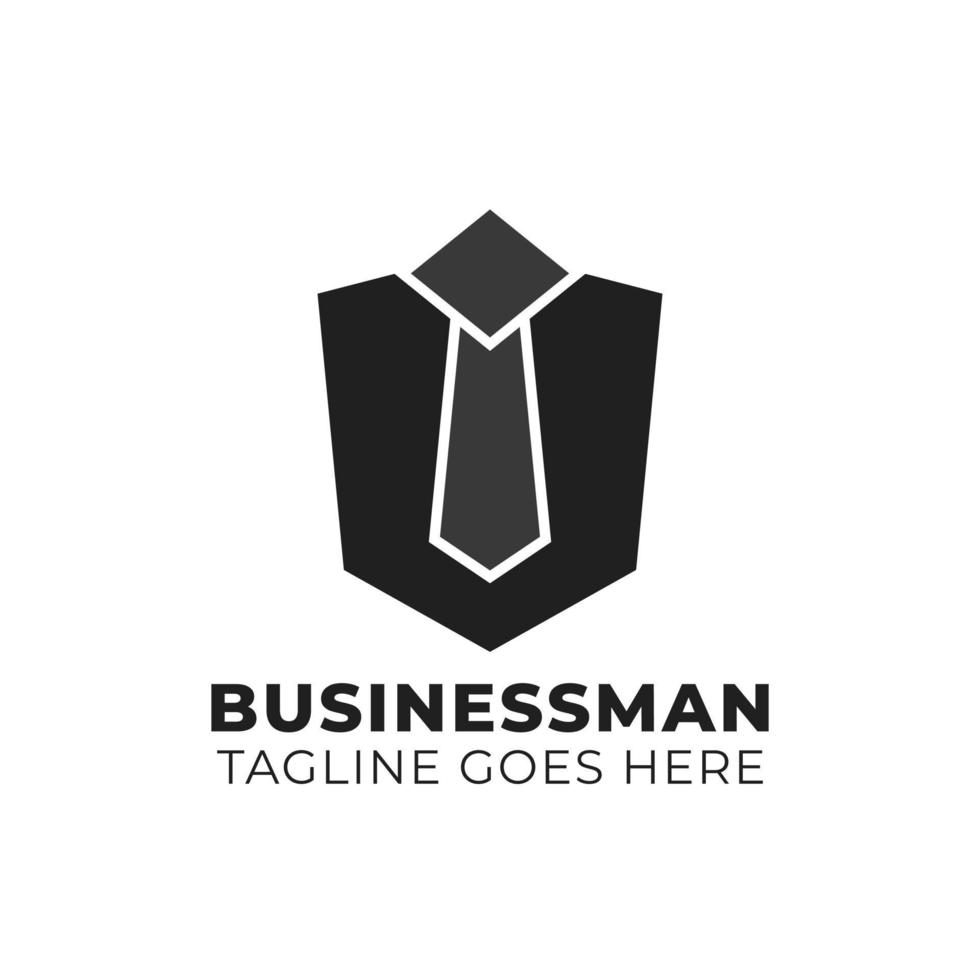 modello di logo per uomo d'affari con forma a cravatta all'interno dello scudo vettore