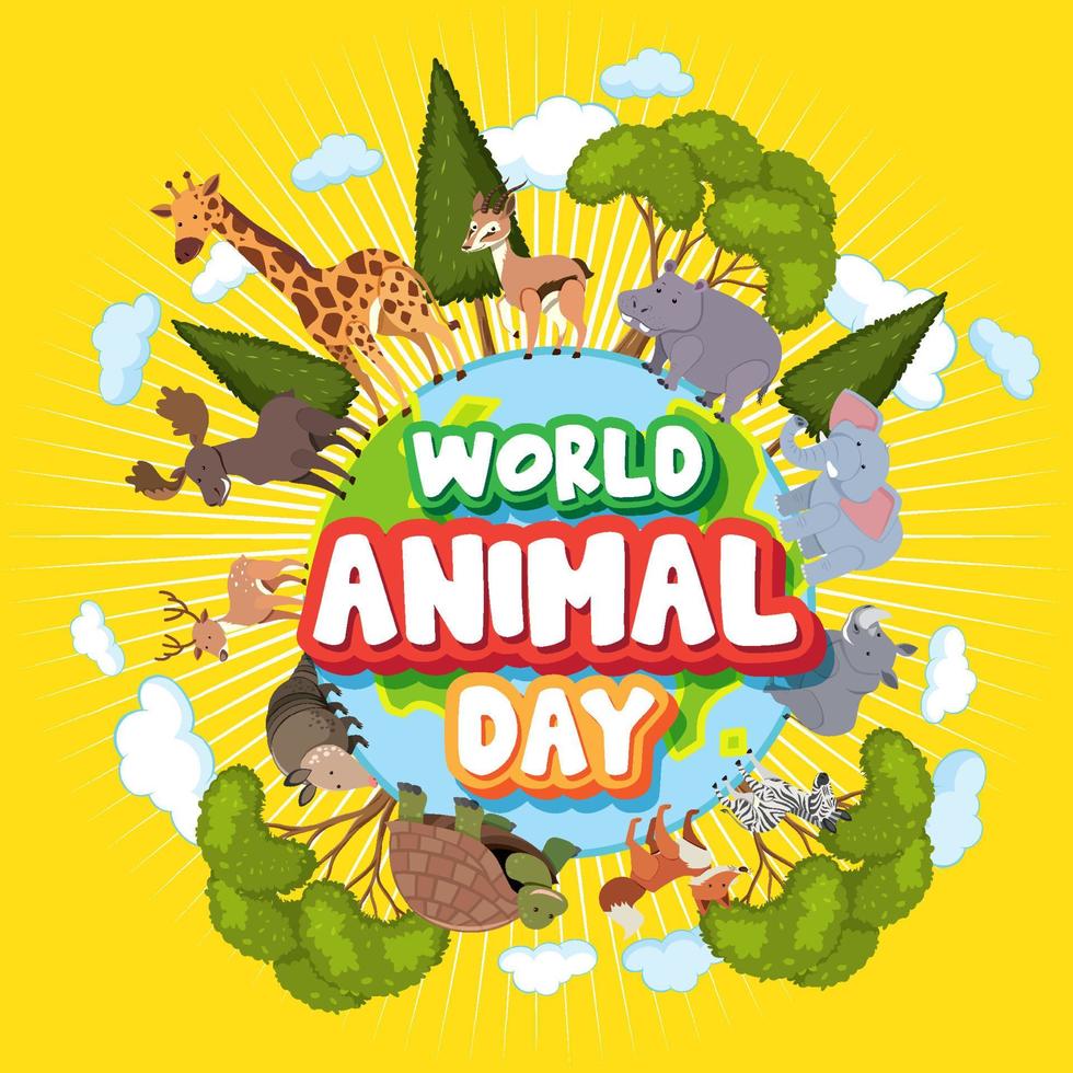 banner della giornata mondiale degli animali con animali selvatici in piedi sulla terra vettore