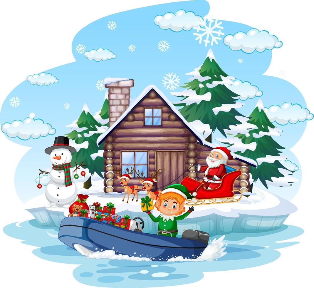 babbo natale ed elfo consegnano regali in barca vettore