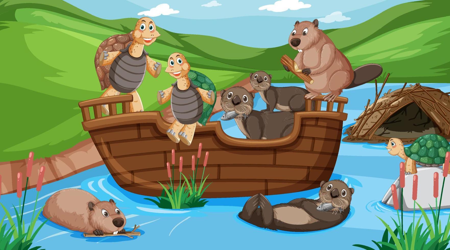 fiume nella scena della foresta con animali selvatici su una barca di legno vettore
