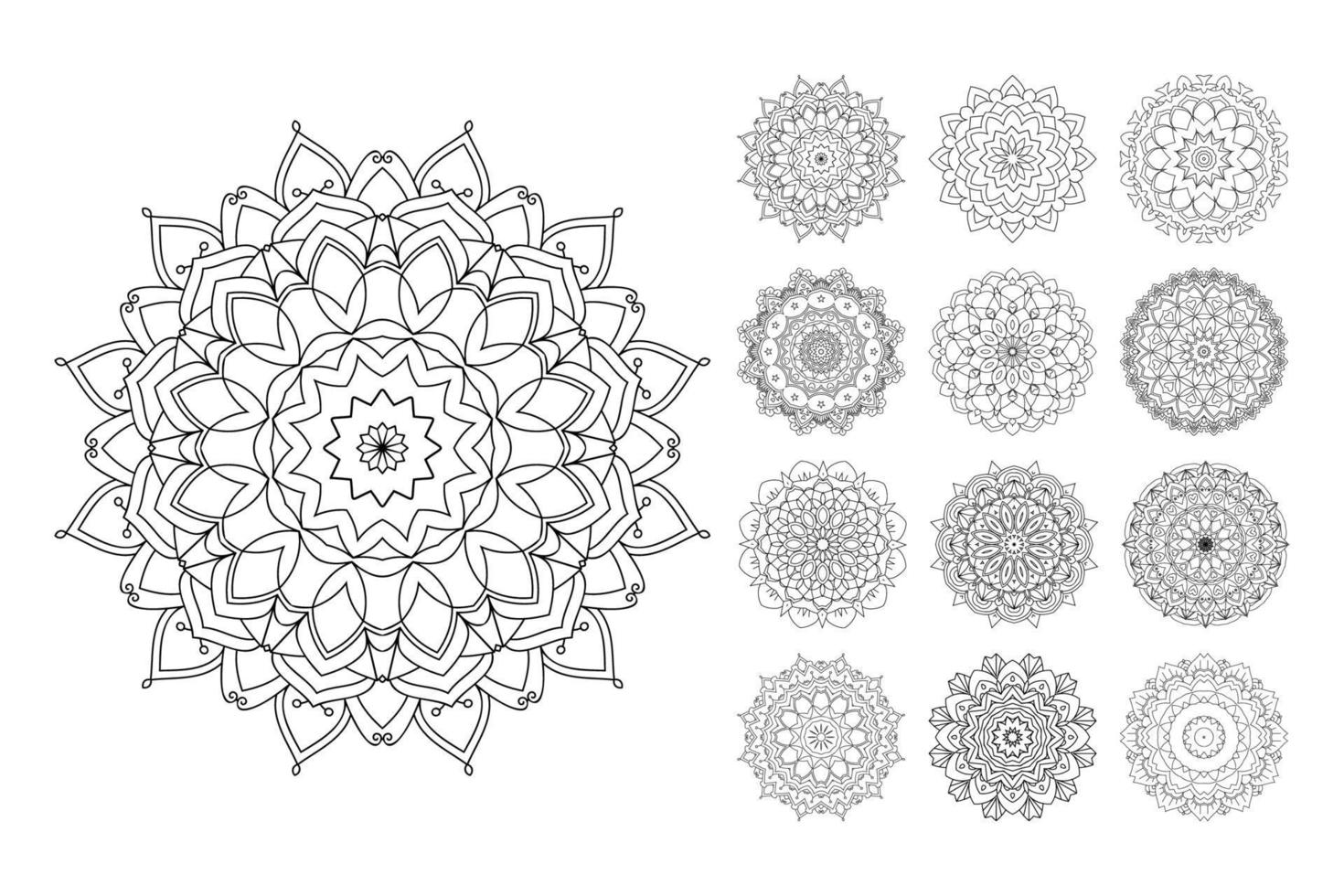 pacchetto di pagine da colorare mandala. motivo mandala in bianco e nero. vettore di arte della linea di mandala. vettore stabilito del modello del fiore della mandala. file di taglio svg interni. vettore del modello di fiore.