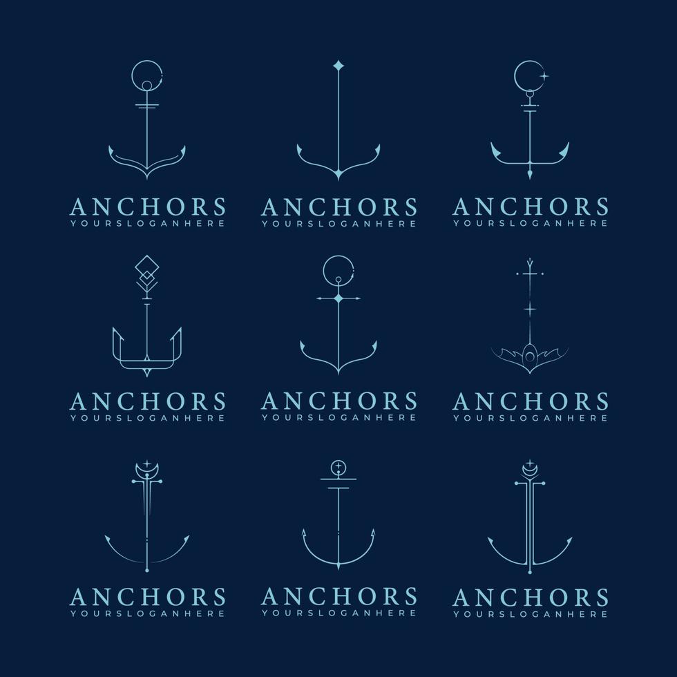 bundle e set di logo di ancoraggio nautico disegno di illustrazione vettoriale semplice linea arte, variazione del simbolo dell'icona di ancoraggio creativo