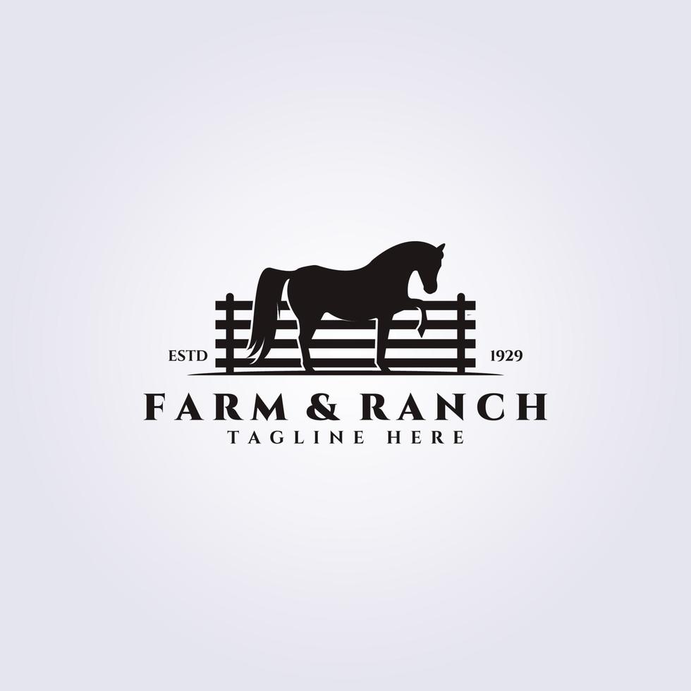 disegno dell'illustrazione vettoriale del logo della fattoria e del ranch, logo del cavallo del recinto vintage