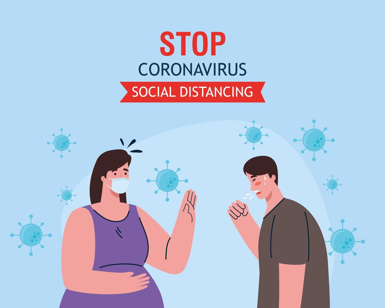 fermare il coronavirus, distanziamento sociale, mantenere le distanze nella società pubblica dalle persone che proteggono dal covid 19, coppia che indossa una maschera medica contro il coronavirus vettore