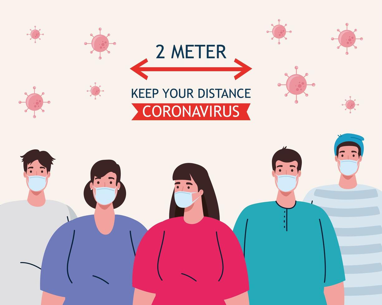 distanza sociale, fermare il coronavirus a due metri di distanza, mantenere la distanza nella società pubblica dalle persone che proteggono dal covid 19, persone che indossano una maschera medica contro il coronavirus vettore