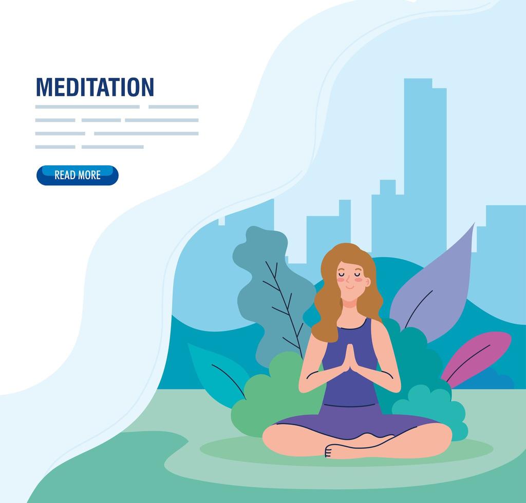 banner di donna che medita, concetto per yoga, meditazione, relax, stile di vita sano nel paesaggio vettore