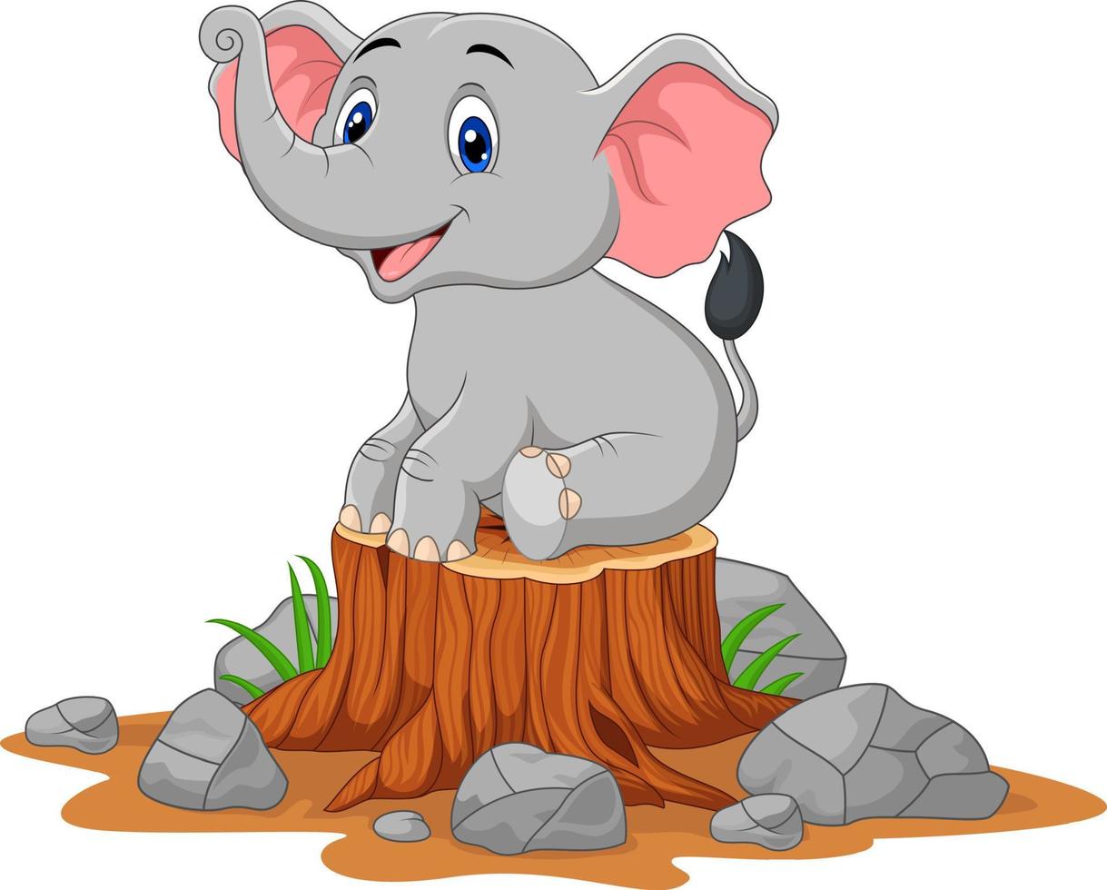 elefantino del fumetto che si siede sul ceppo di albero vettore