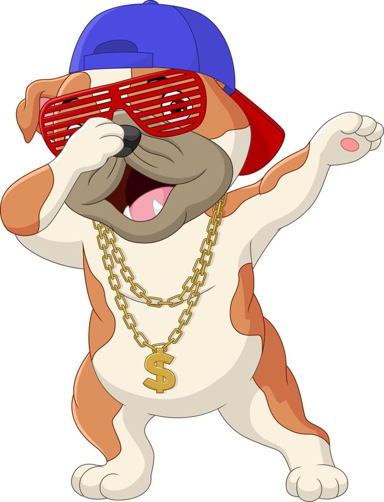 simpatico cane che tampona la danza indossando occhiali da sole, cappello e collana d'oro vettore