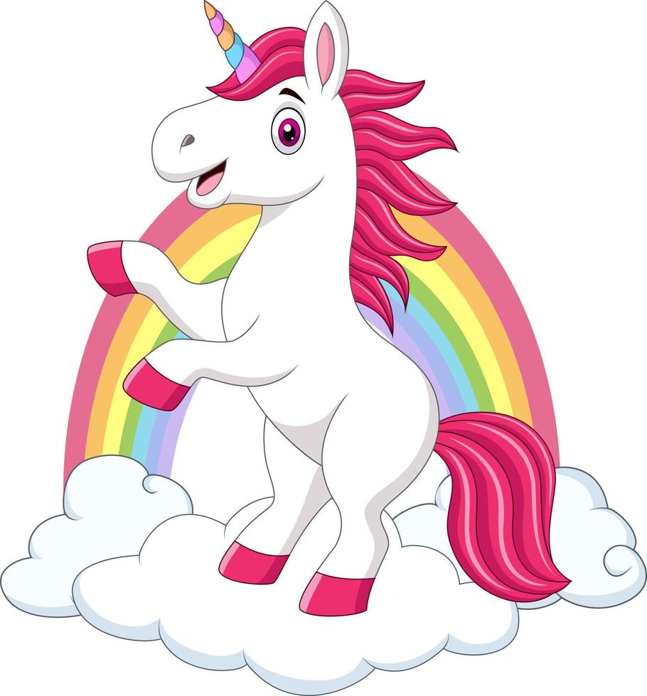 carino piccolo pony unicorno su nuvole e arcobaleno vettore