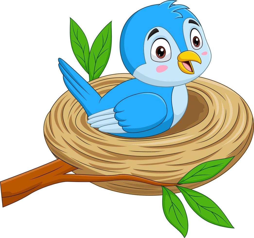 cartone animato uccello blu seduto in un nido vettore