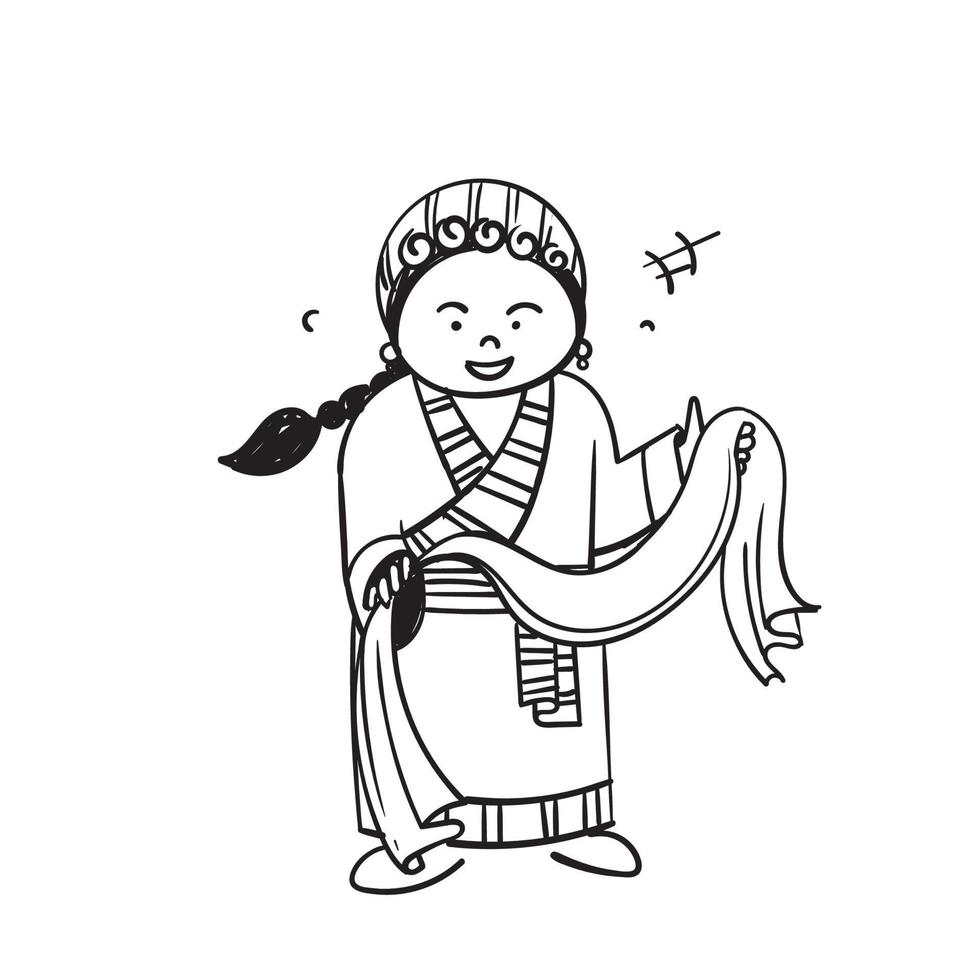 ragazza tibetana di doodle disegnato a mano che tiene un pezzo di stoffa simbolo per l'illustrazione del giorno del losar vettore