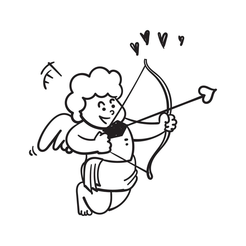 illustrazione disegnata a mano della freccia di amore della tenuta del bambino del cupido di scarabocchio vettore