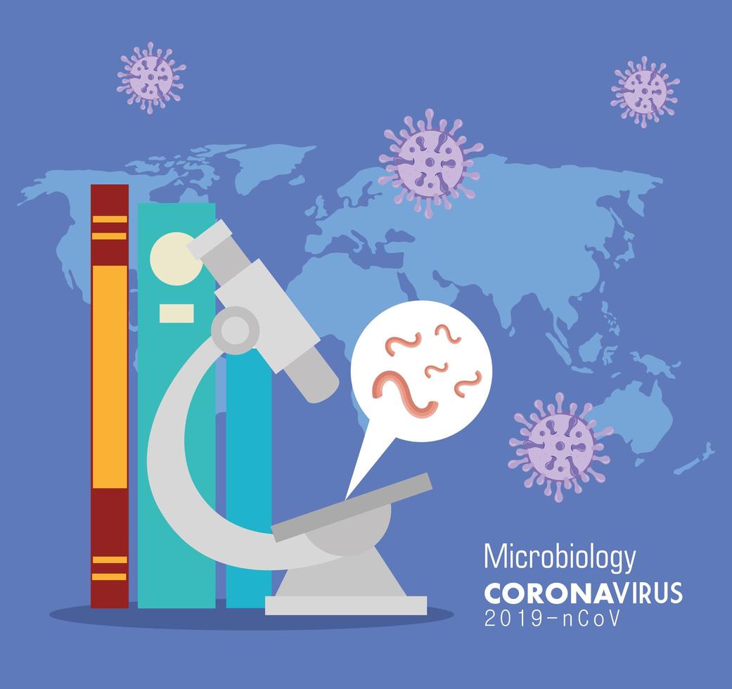 microbiologia per covid 19 con mappa del mondo e icone vettore