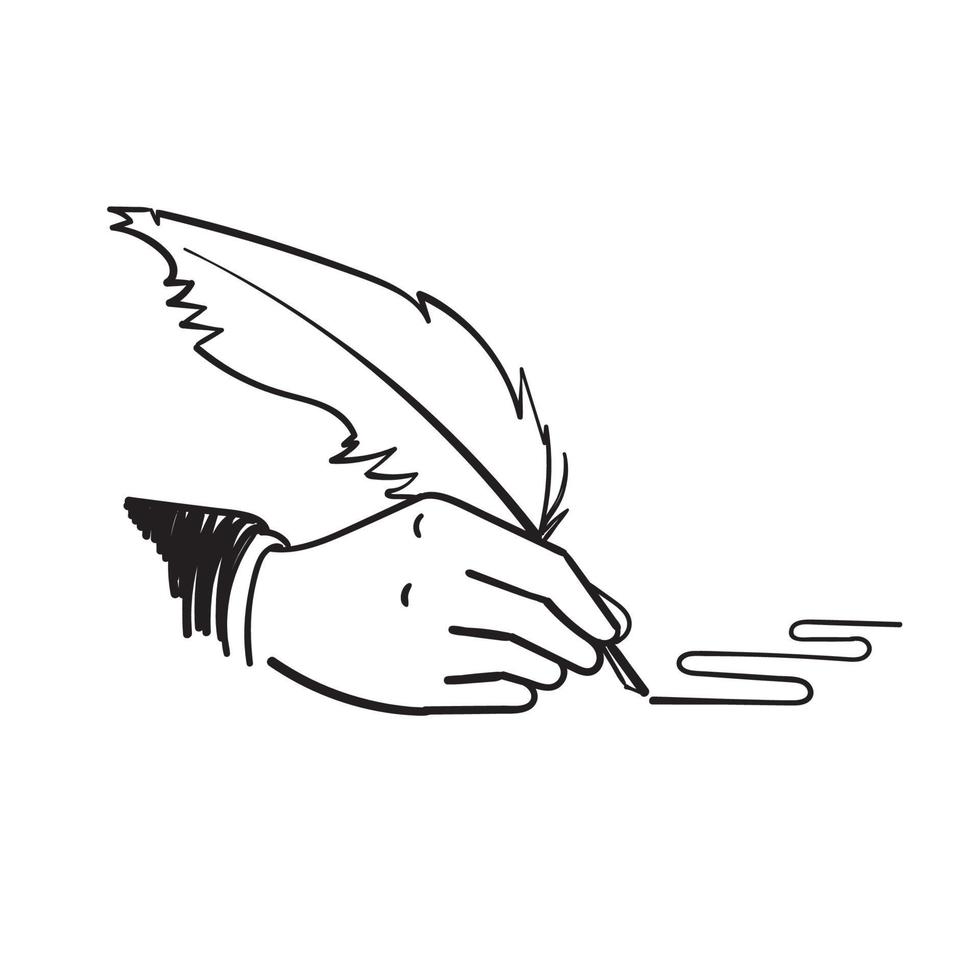 mano di doodle disegnato a mano che tiene la penna d'oca con l'illustrazione del gesto di scrittura vettore