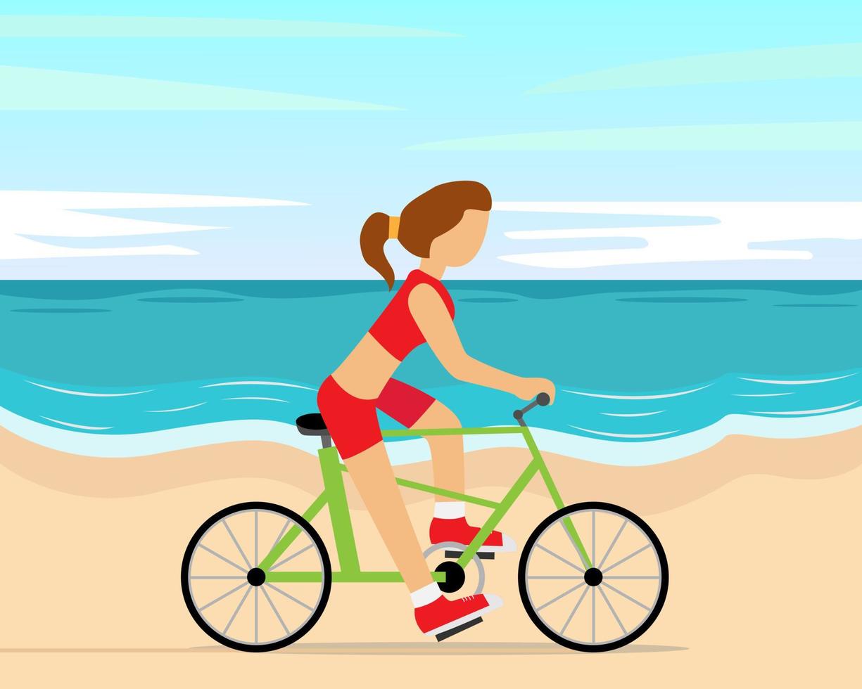illustrazione disegno vettoriale della donna in bicicletta sulla spiaggia. vacanze ed estate