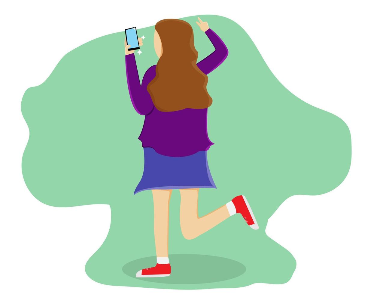 illustrazione disegno vettoriale di una ragazza che si fa selfie con il suo smartphone