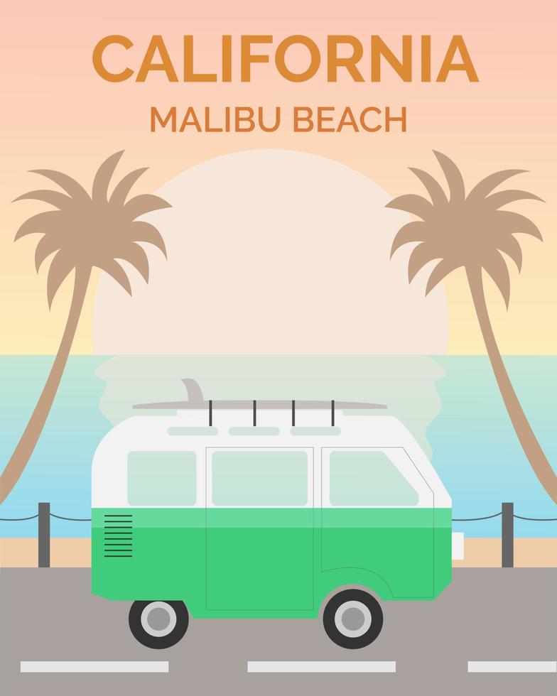 illustrazione disegno vettoriale di poster retrò e vintage della spiaggia di california malibu. questo poster è adatto per la decorazione di stanze, bar o negozi.