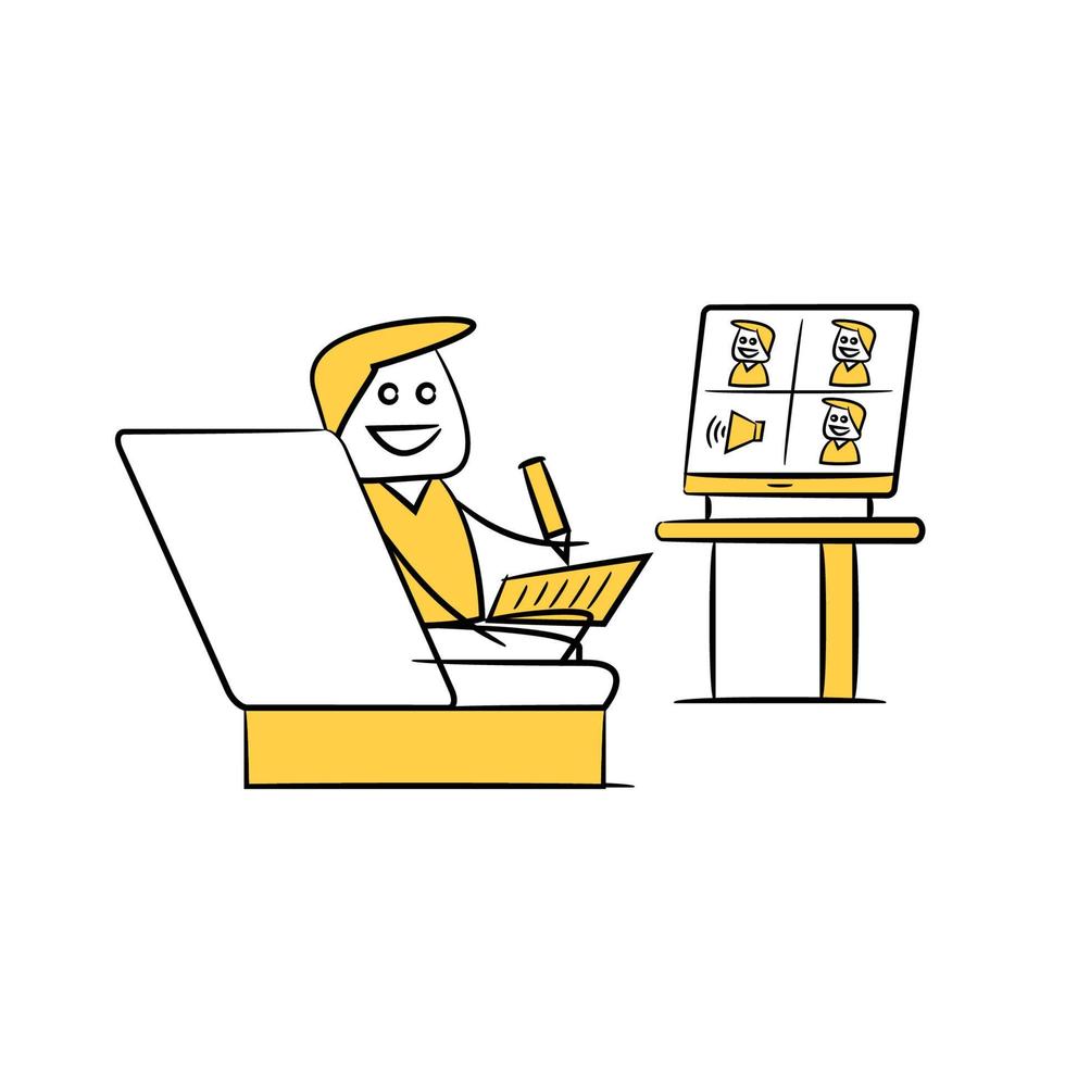 figura stilizzata di doodle giallo online e in videoconferenza vettore
