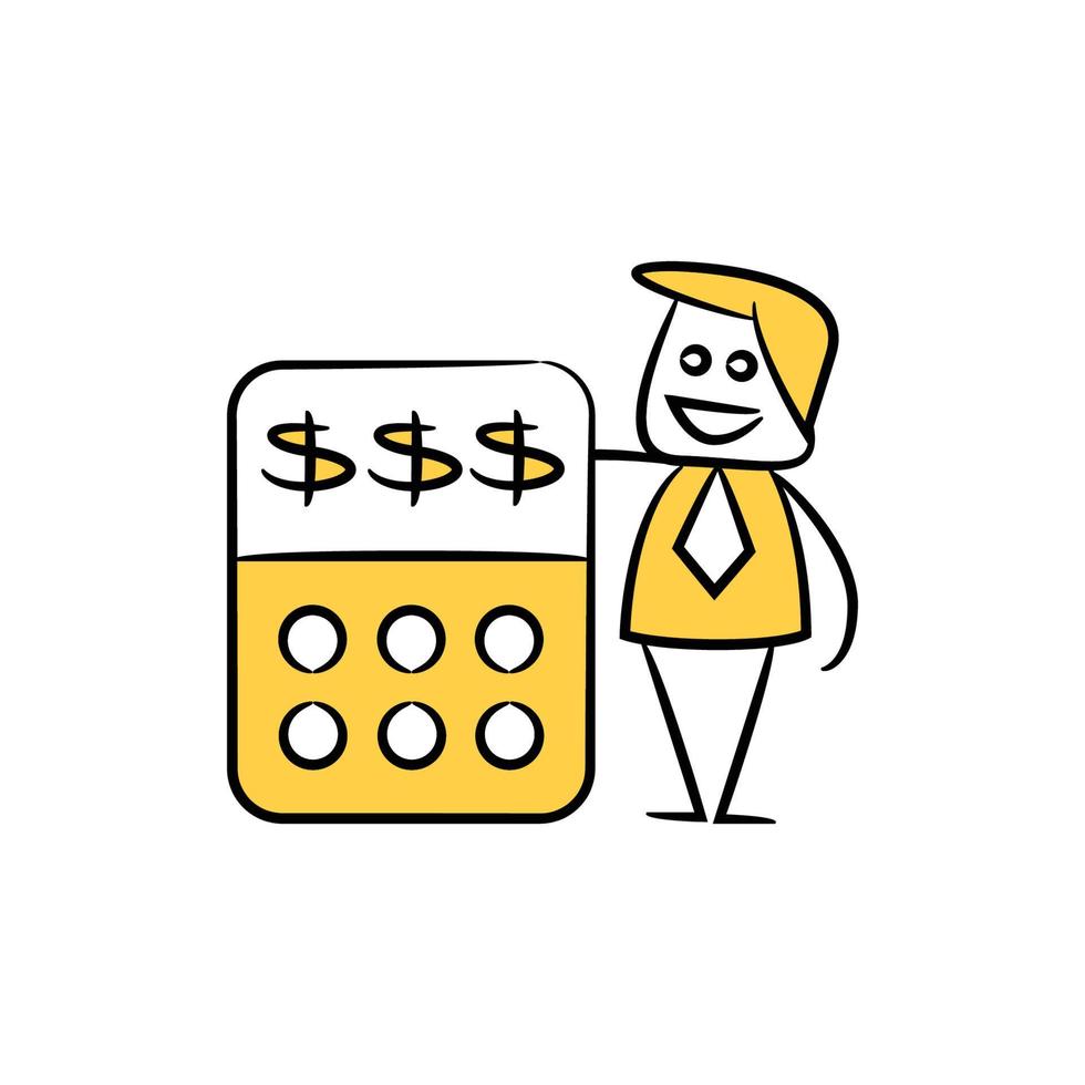 uomo d'affari con l'illustrazione di doodle giallo calcolatrice vettore