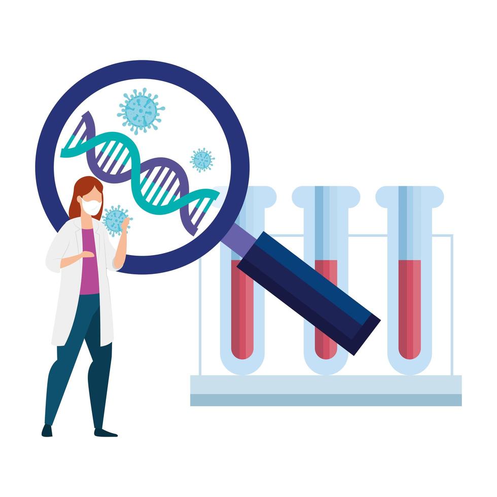 medico femminile con particelle covid 19 e icone mediche vettore
