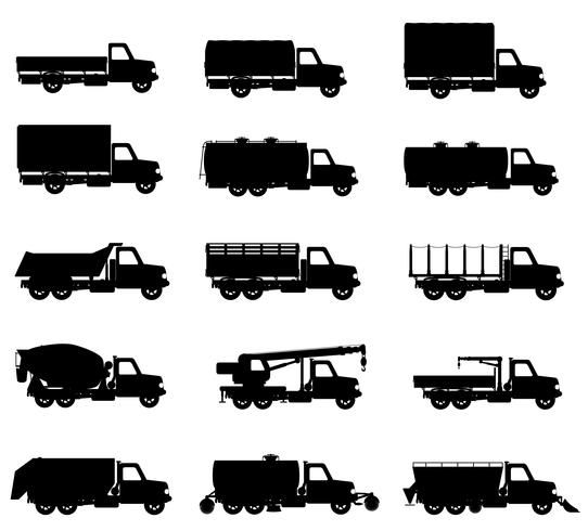 set icone camion semi rimorchio nero silhouette illustrazione vettoriale