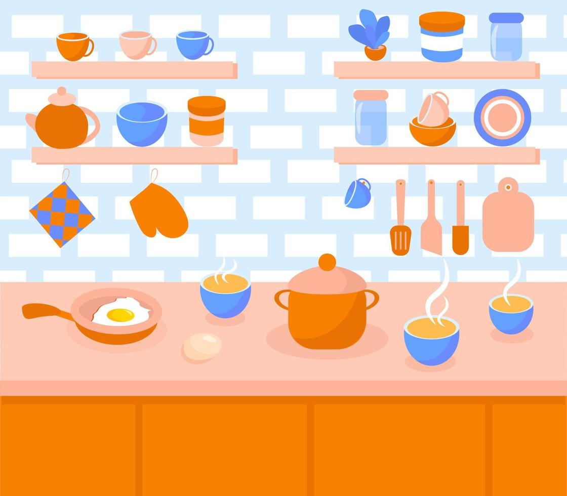 design piatto per interni cucina. illustrazione di vettore di concetto del fumetto della stanza di cottura variopinta. mobili e cibo.