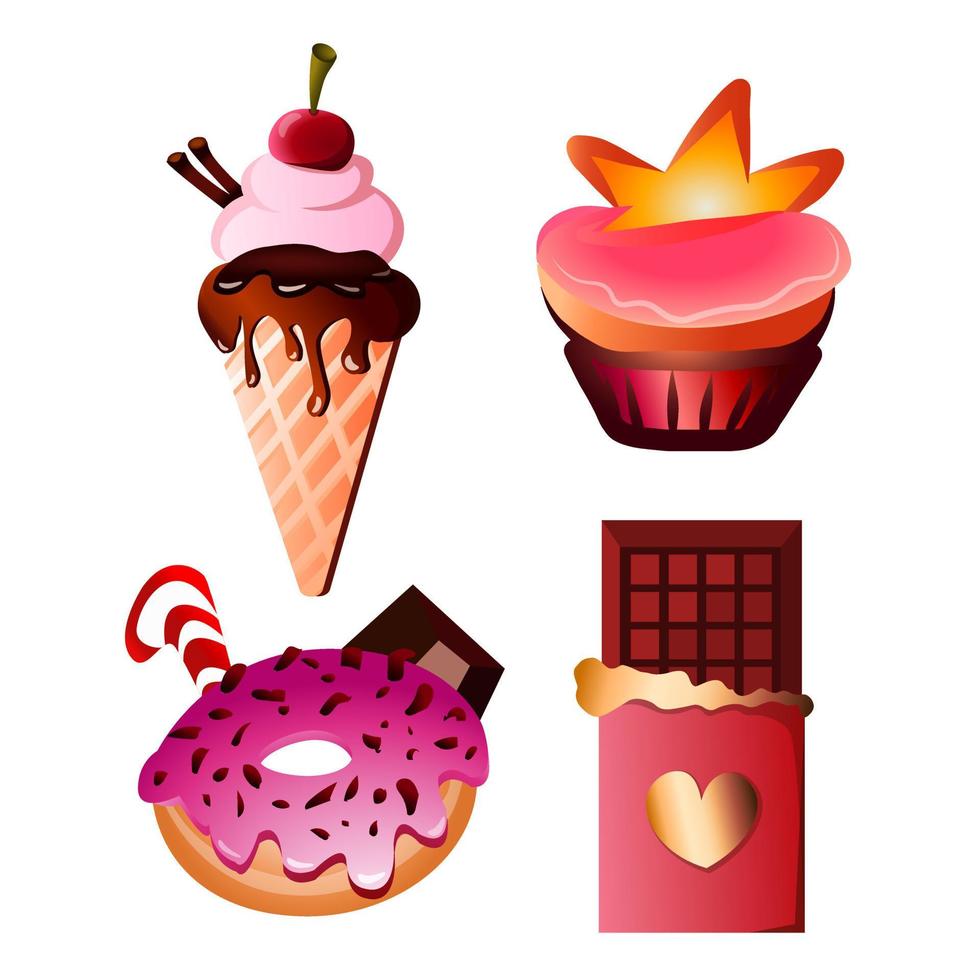 raccolta di dolci illustrazione colorata set di icone isolate gelato, ciambella glassata, torta e cibo gustoso al cioccolato fondente vettore
