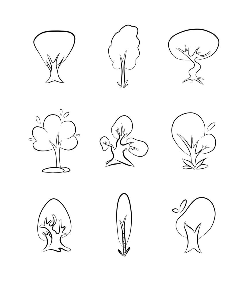 albero set di icone grafica vettoriale linea arte emblema contorno nero stampa schizzo foresta parco giardino pianta natura illustrazione isolato su bianco doodle decorazione botanica
