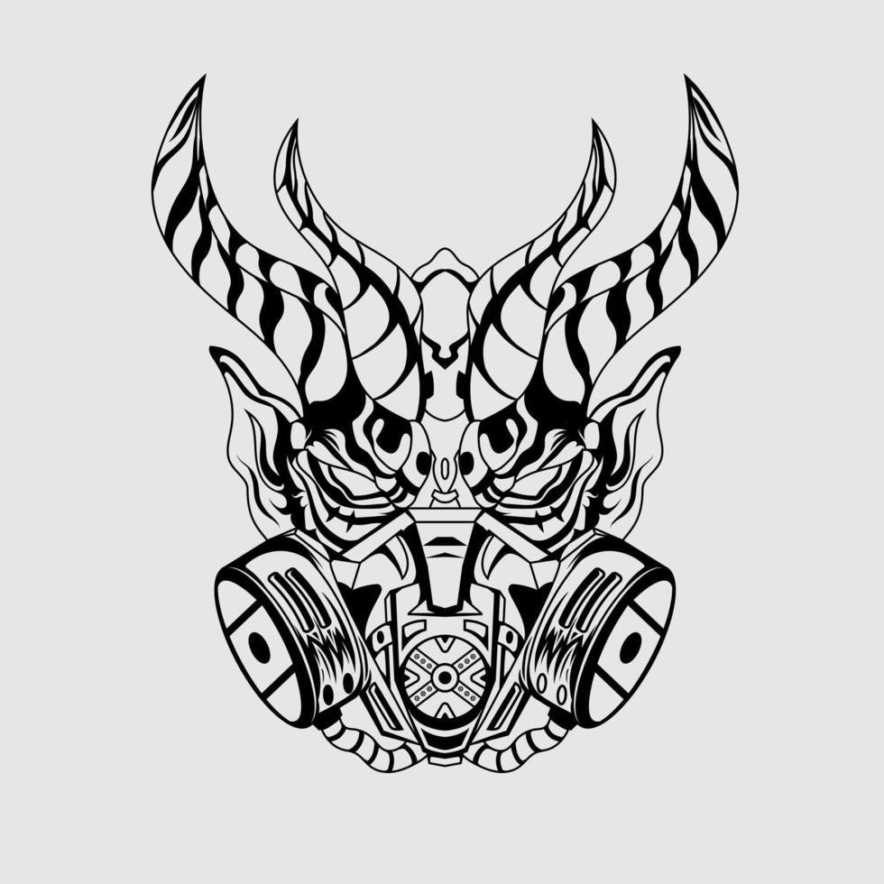 illustrazione disegnata a mano di tatuaggi in bianco e nero diavolo maschera di satana oni demone corno illustrazione vettoriale