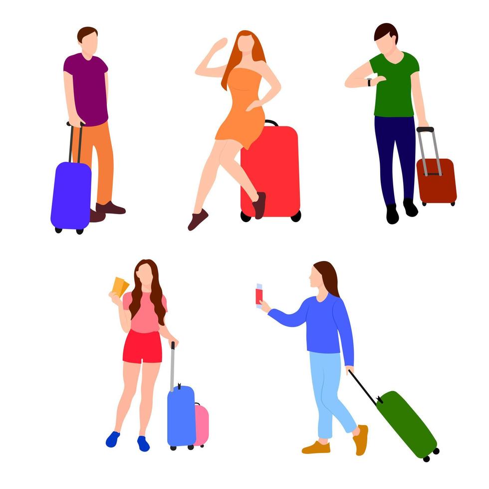 set da viaggio concetto isolato modello di carattere colorato stile piatto gruppo di persone donne e uomini turismo che viaggiano con i bagagli vettore