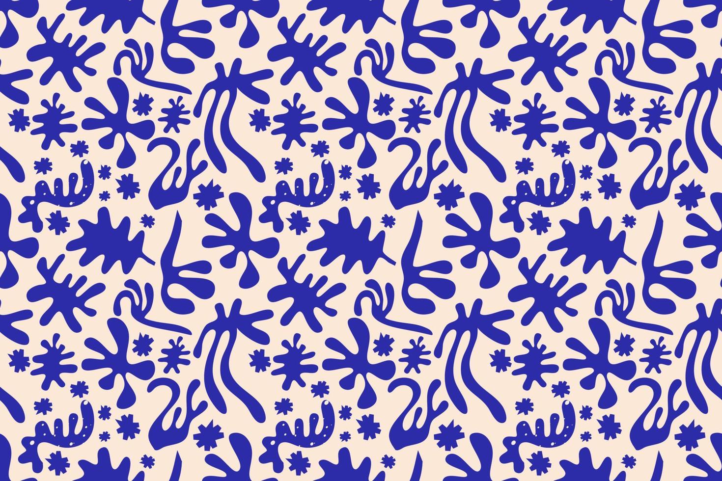 modello senza cuciture di forma astratta matisse. forma ritagliata di alghe e foglie botaniche, vaso nel modello. astrazione organica in stile piatto colore blu. stile Enrico Matisse. vettore