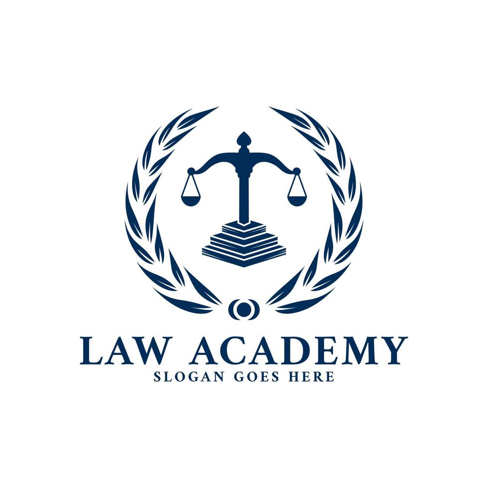 disegno del logo dell'accademia dello studio legale con vettore icona libro equilibrio foglia di alloro