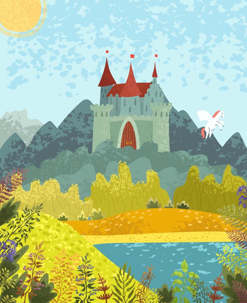 paesaggio favoloso con un castello e un pegaso vettore