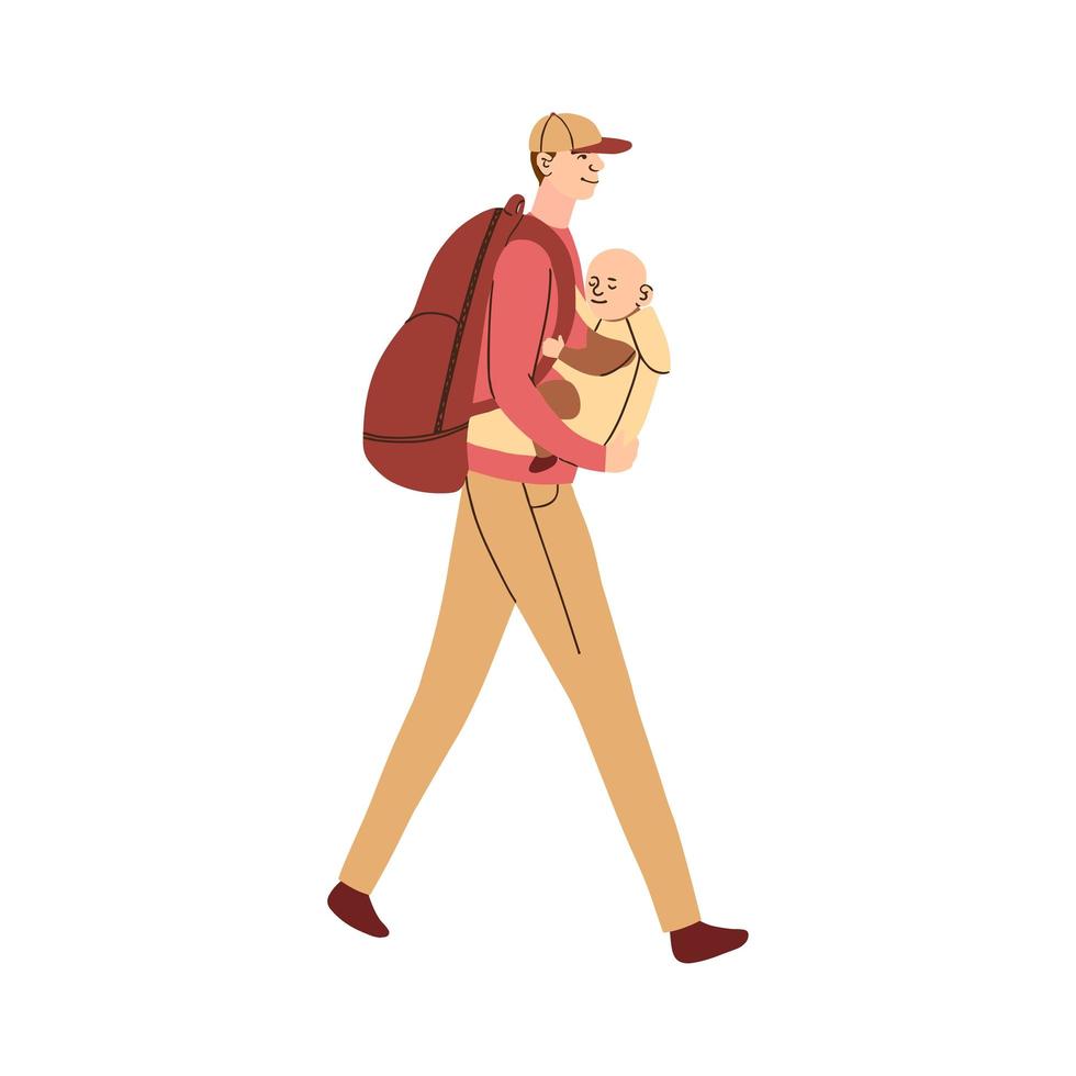 illustrazione del padre porta il bambino in uno zaino ergo, con uno zaino sulla schiena vettore