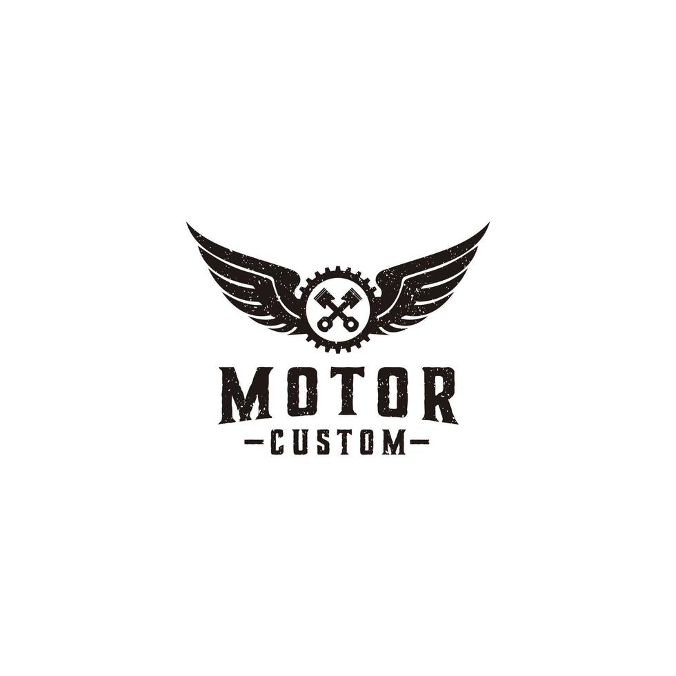 design del logo della motocicletta del club dell'ingranaggio e delle ali dei pistoni vettore