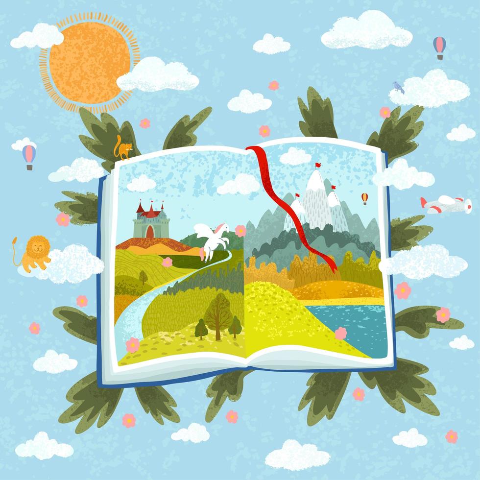 illustrazione del libro aperto con immagini favolose vettore