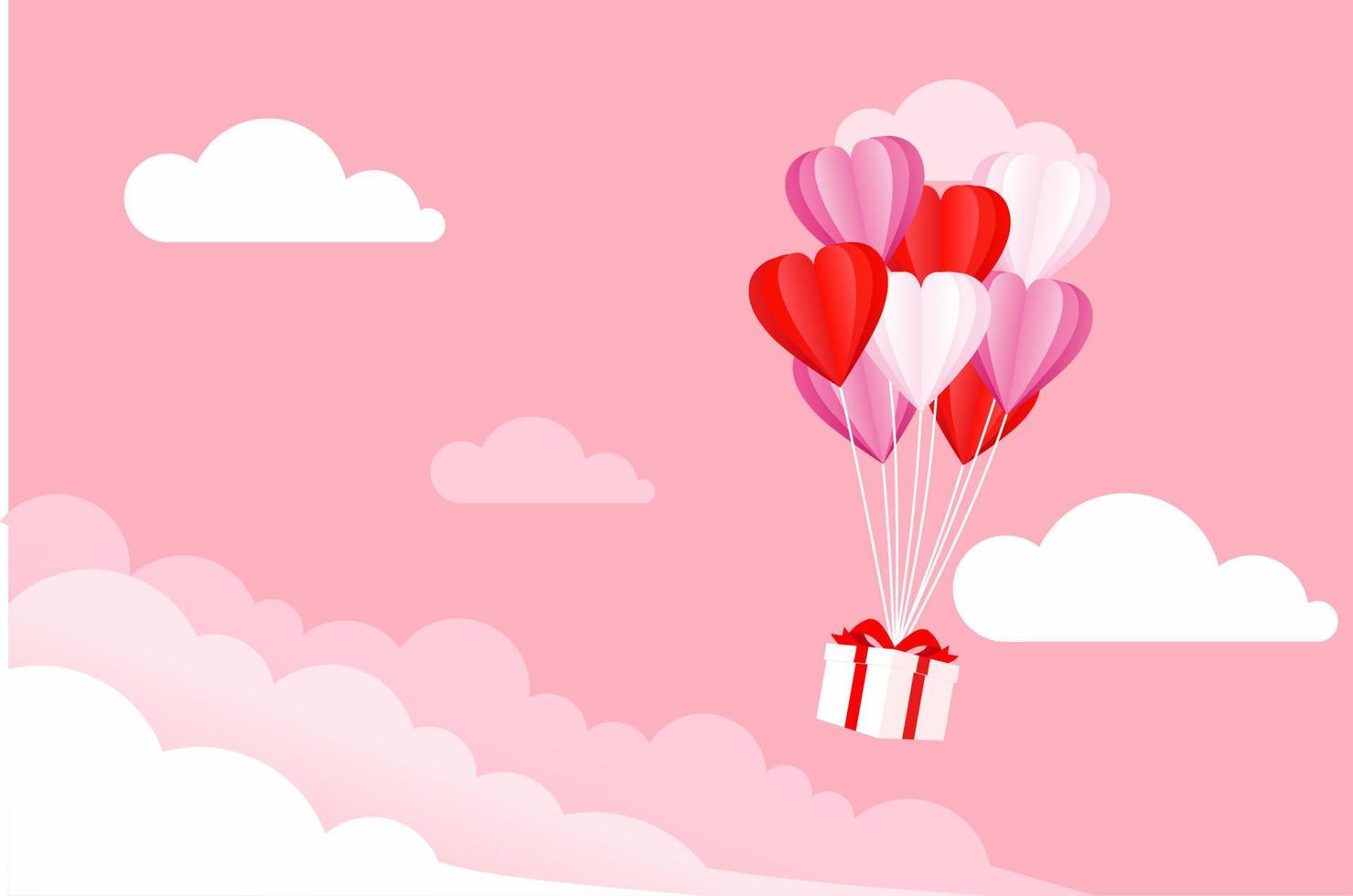 San Valentino, amore concetto di sfondo. illustrazione di palloncini cuore e scatole regalo che galleggiano nel cielo con le nuvole. illustrazioni vettoriali