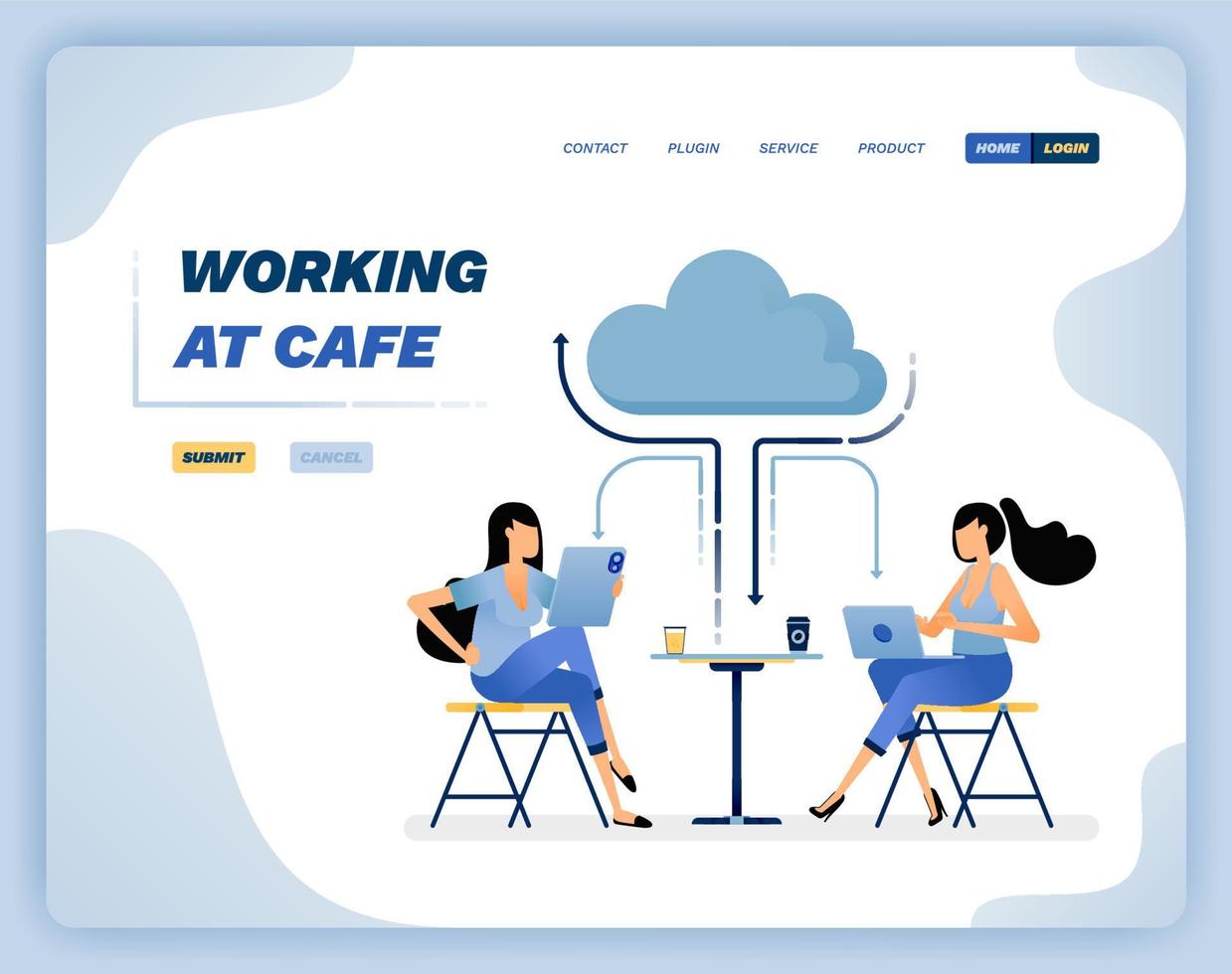 illustrazione vettoriale di una donna che esce e si gode un caffè e continua a lavorare collegata al cloud. il design può essere utilizzato per siti Web, poster, volantini, app, pubblicità, promozione, marketing