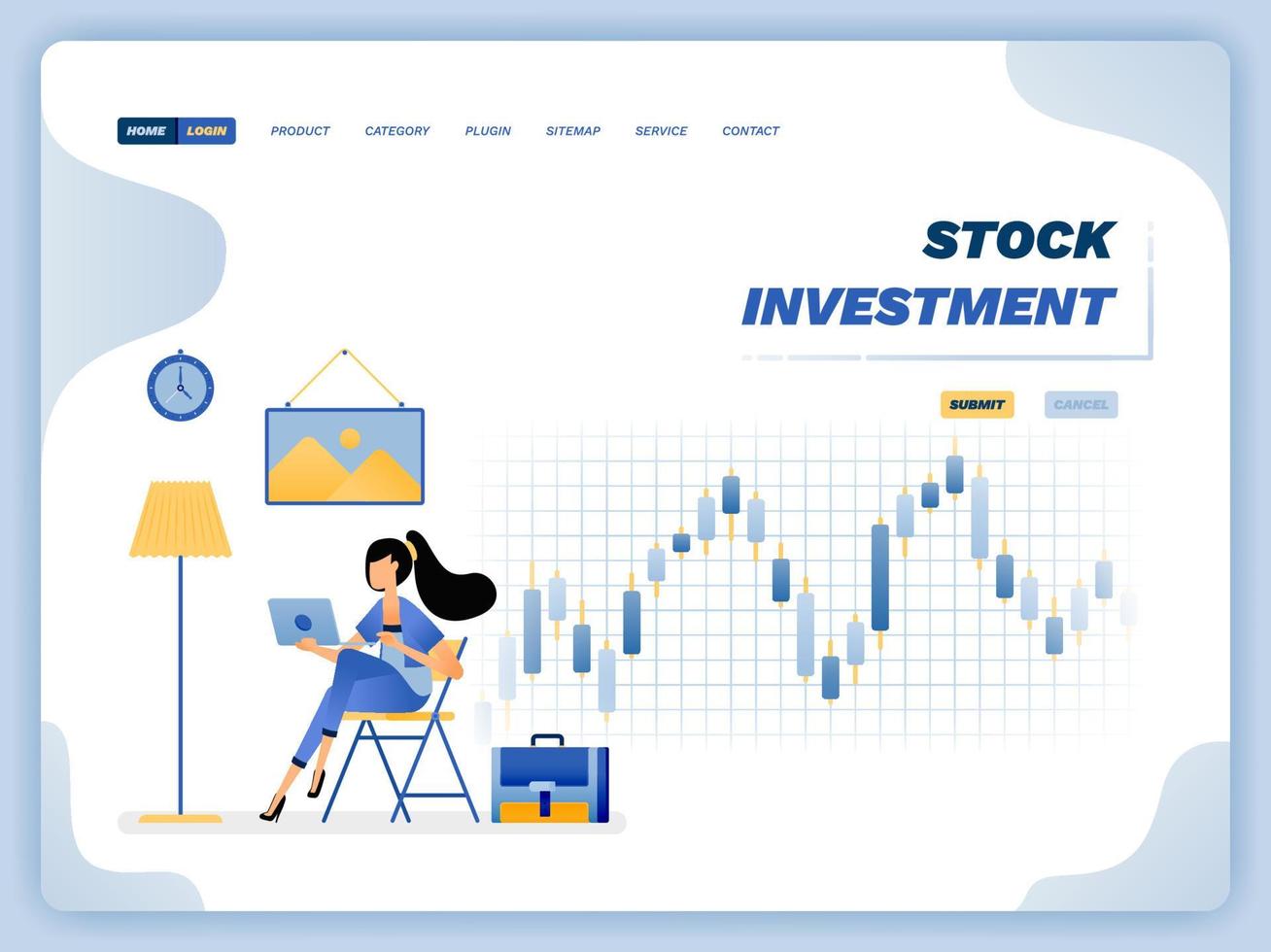 illustrazione vettoriale di una donna seduta rilassata a casa ma in grado di investire e produttiva sul lavoro. il design può essere utilizzato per siti Web, poster, volantini, app, pubblicità, promozione, marketing